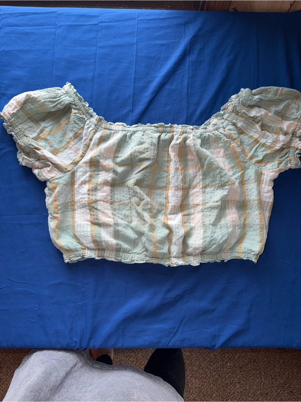 Off-Shoulder Striped Crop Top in Mint and Pastel Yellow